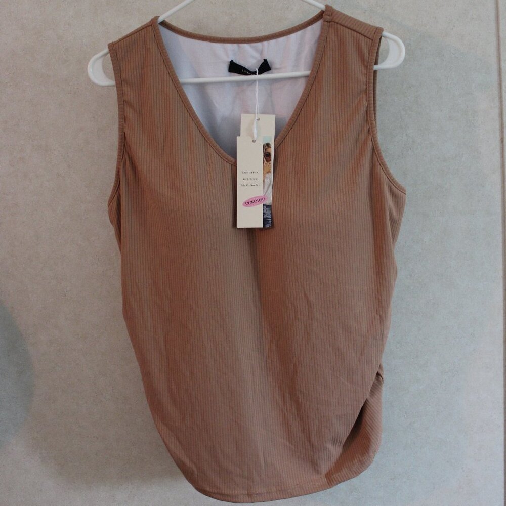 Soft Ribbed Scoop Neck Built-In Bra Tank Top – Neutral Brown, Size XL